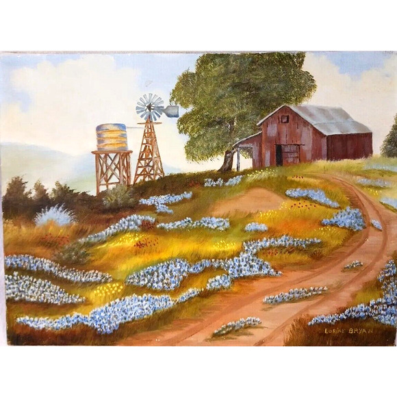 Oil Painting Canvas Barn Windmill Country 16x12 Hills Landscape by Lorine Bryan - Picture 2 of 13